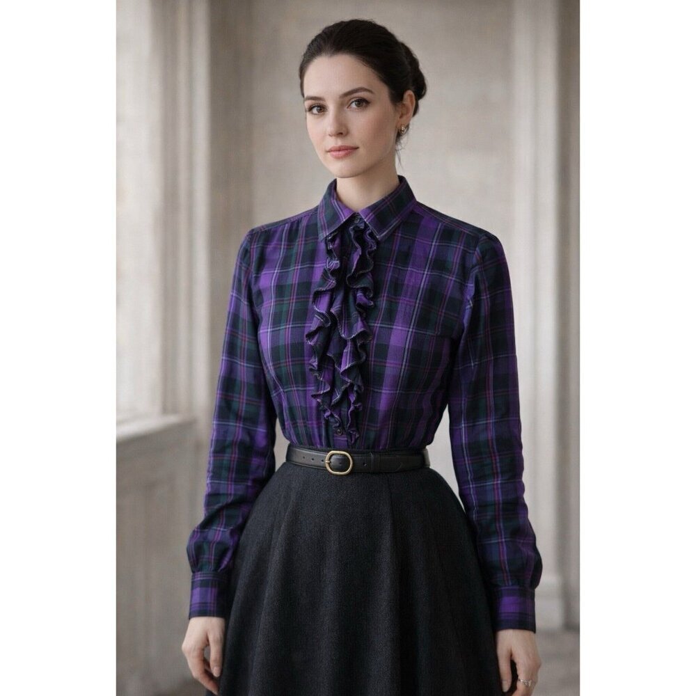 RALPH LAUREN Button Shirt LARGE Purple Plaid Ruffle Front Academia Victorian - Picture 1 of 10